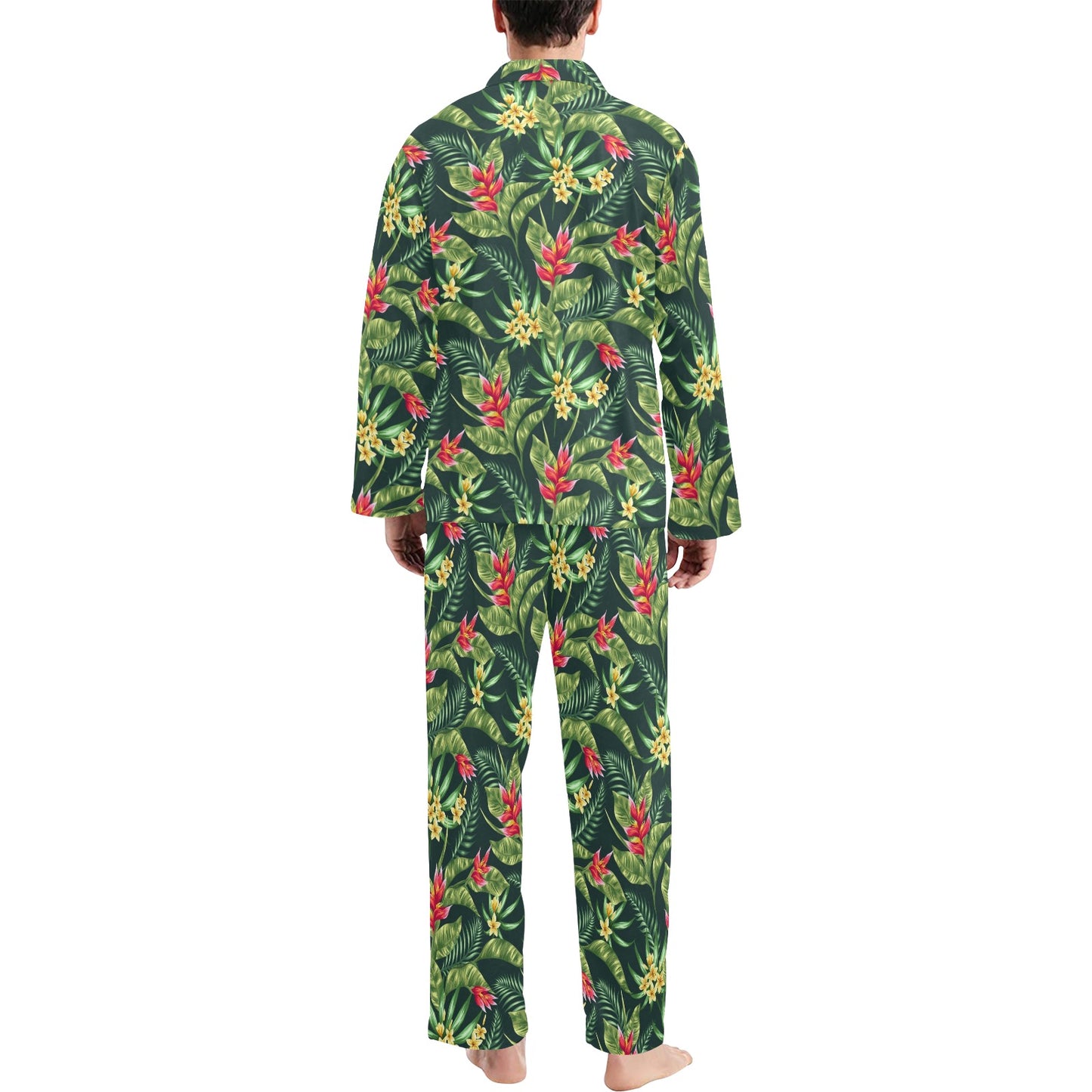 Tropical Folower Red Heliconia Print Men's Long Pajama Set