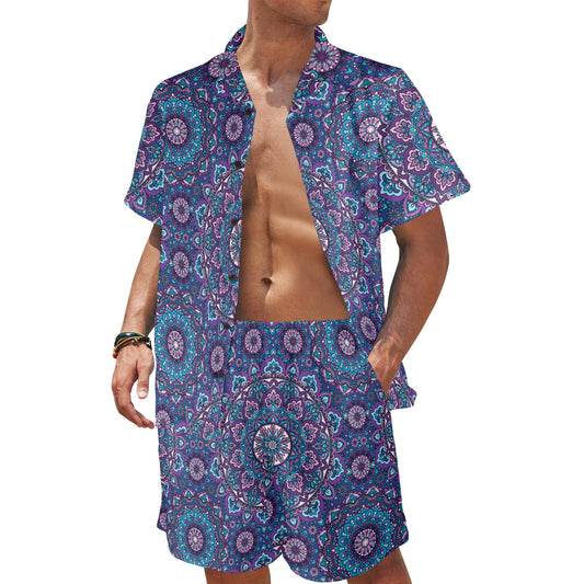 Medallion Pattern Print Design 05 Men's Beach Shirt and Shorts Set