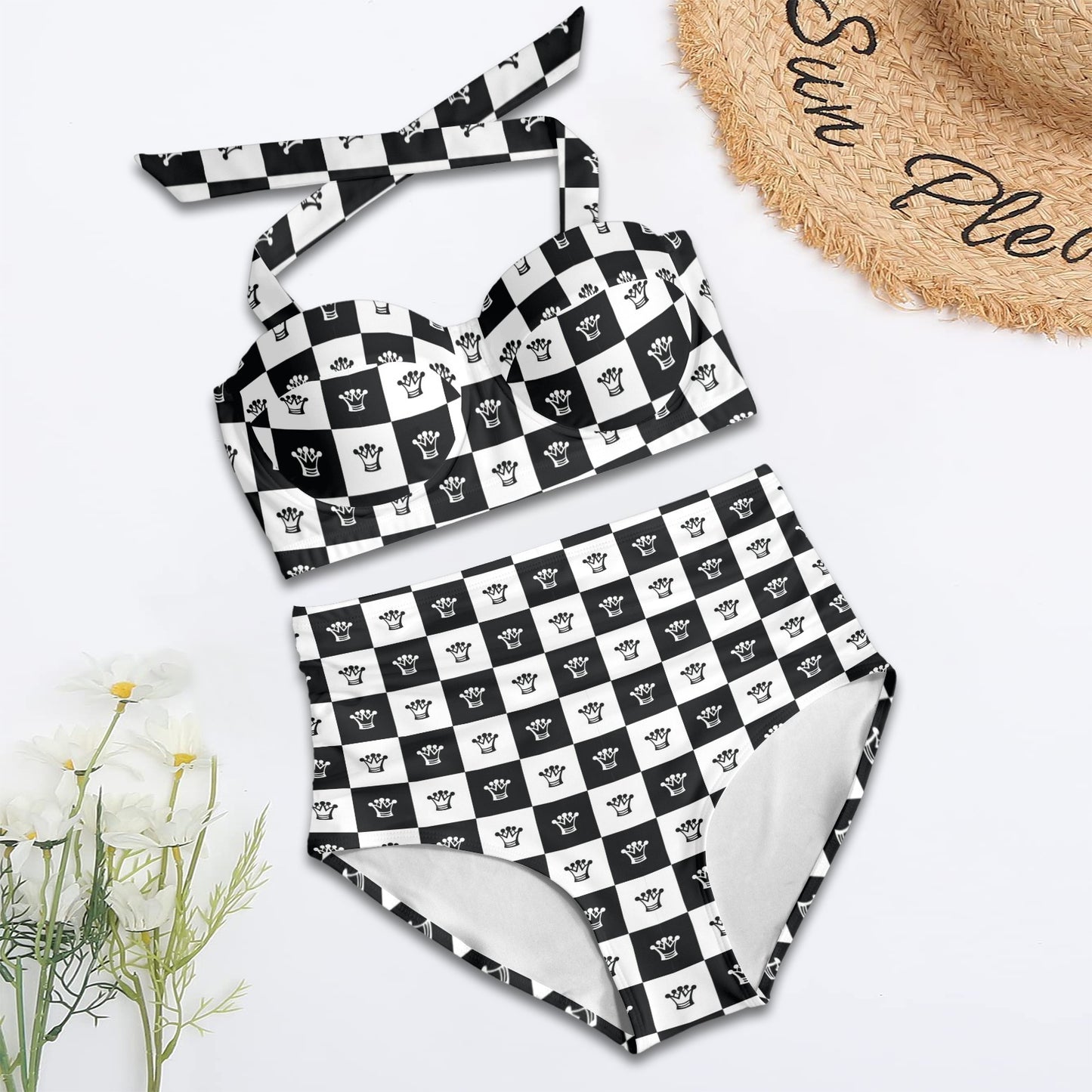 Checkered Flag Crown Pattern Halter Neck Bikini Swimsuit