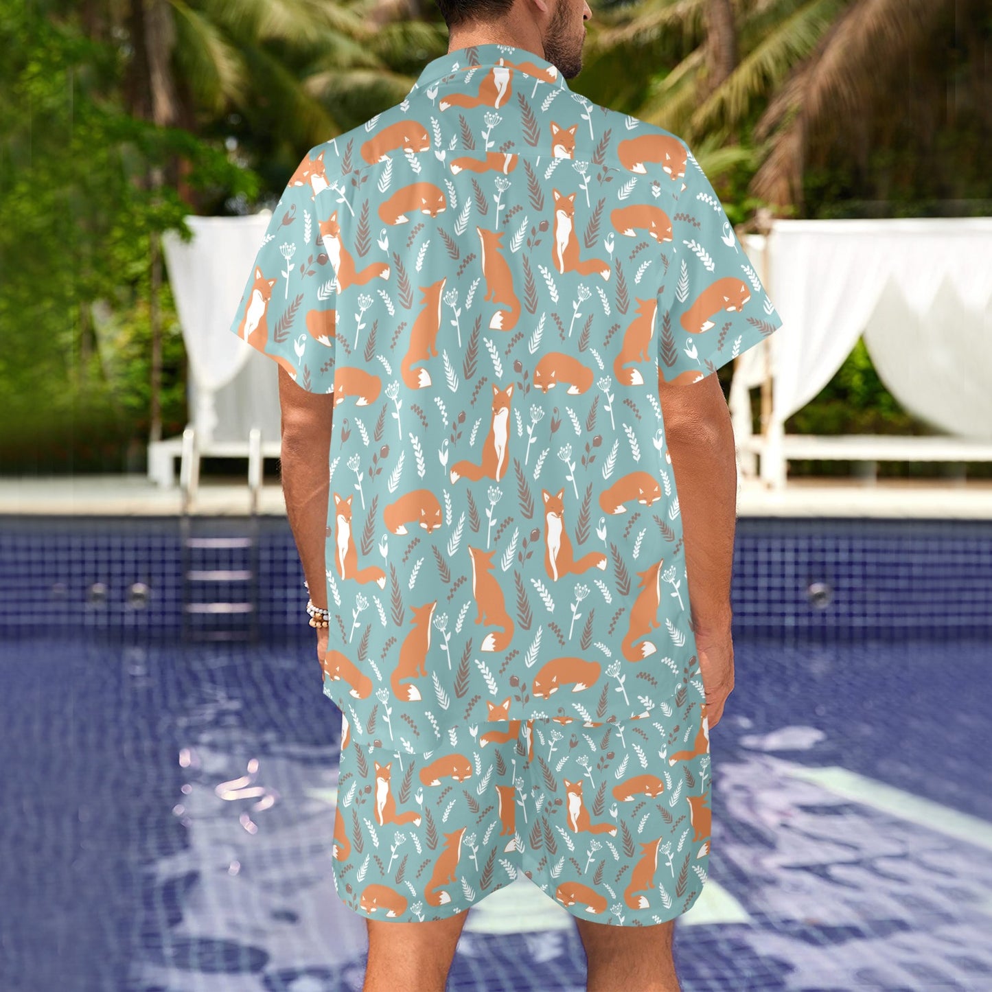 Fox Forest Print Pattern Men's Beach Shirt and Shorts Set