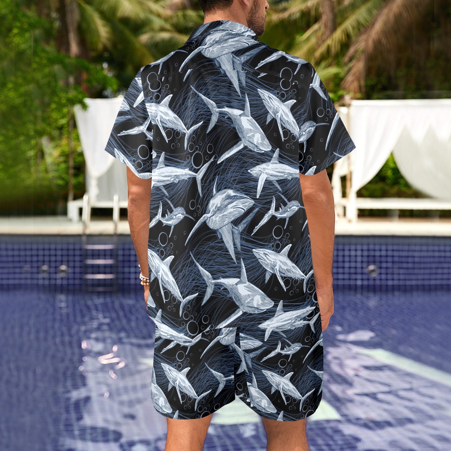 Shark Print Pattern Men's Beach Shirt and Shorts Set