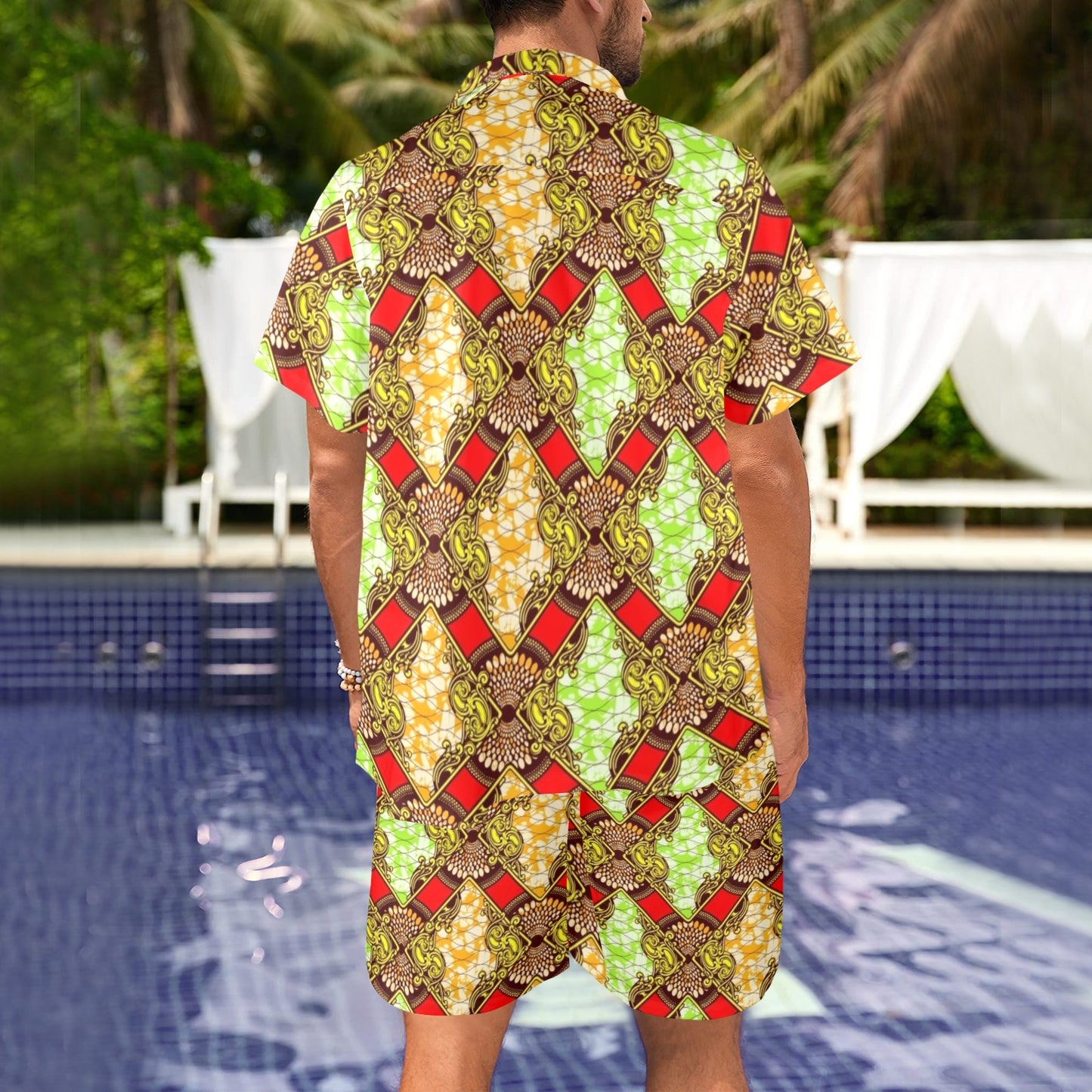 African Classic Print Pattern Men's Beach Shirt and Shorts Set