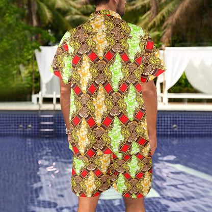 African Classic Print Pattern Men's Beach Shirt and Shorts Set