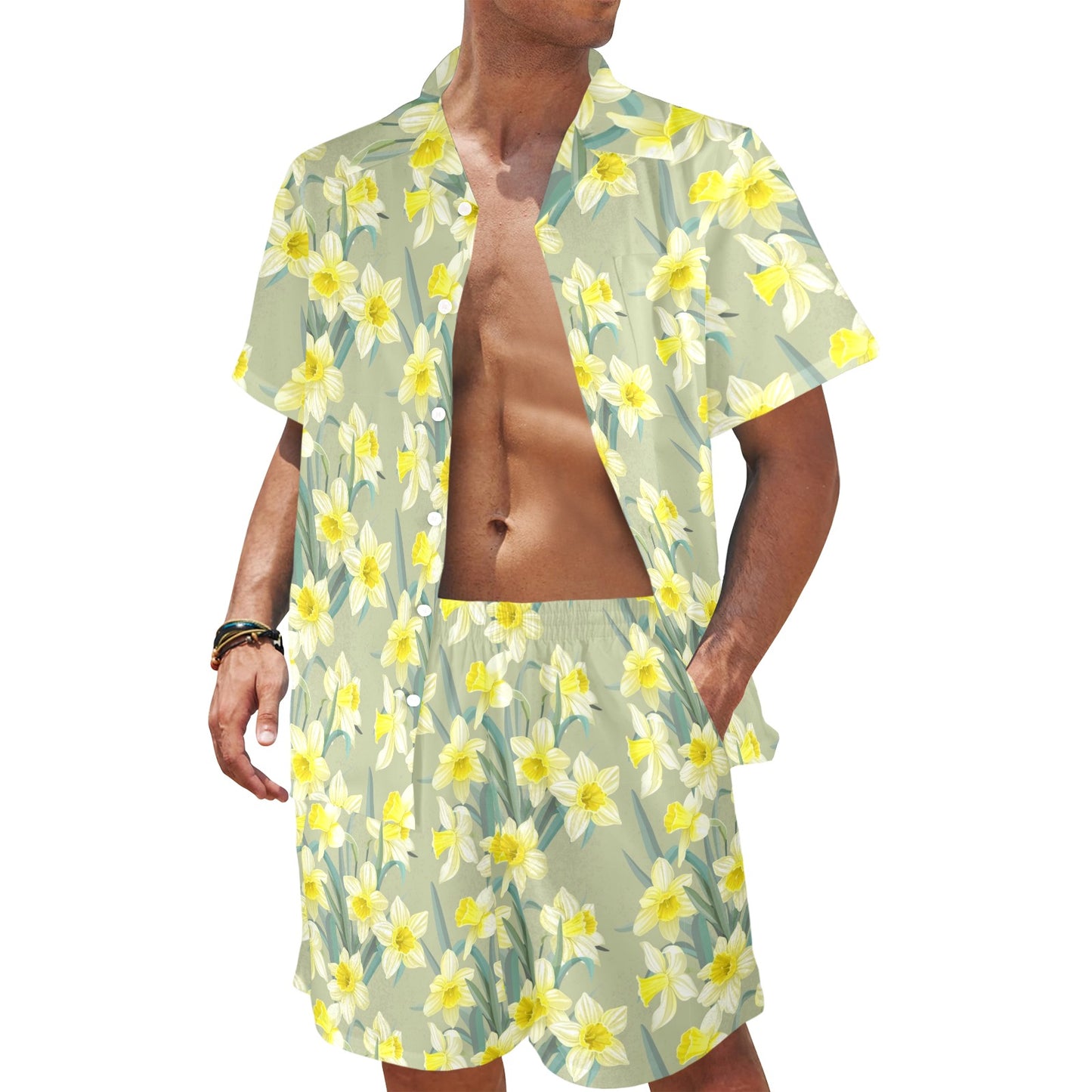 Daffodils Pattern Print Design DF01 Men's Beach Shirt and Shorts Set