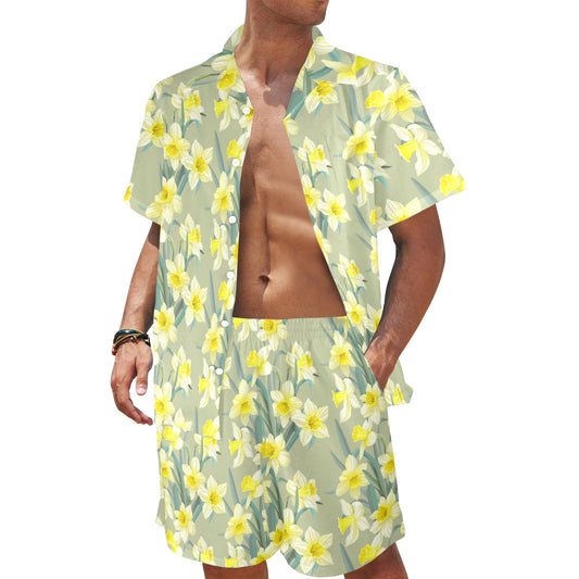 Daffodils Pattern Print Design DF01 Men's Beach Shirt and Shorts Set