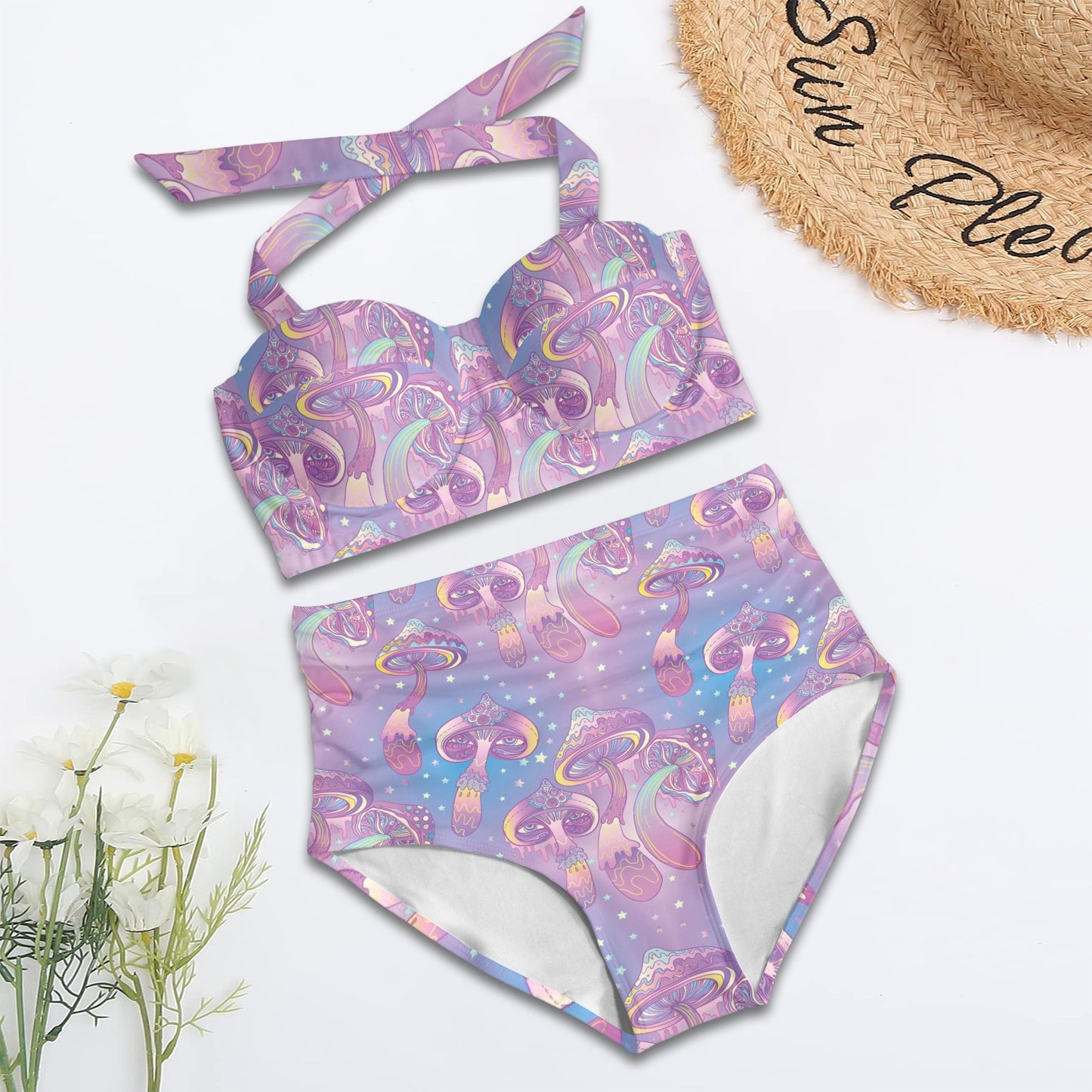 Psychedelic Mushroom Pattern Print Design A01 Halter Neck Bikini Swimsuit