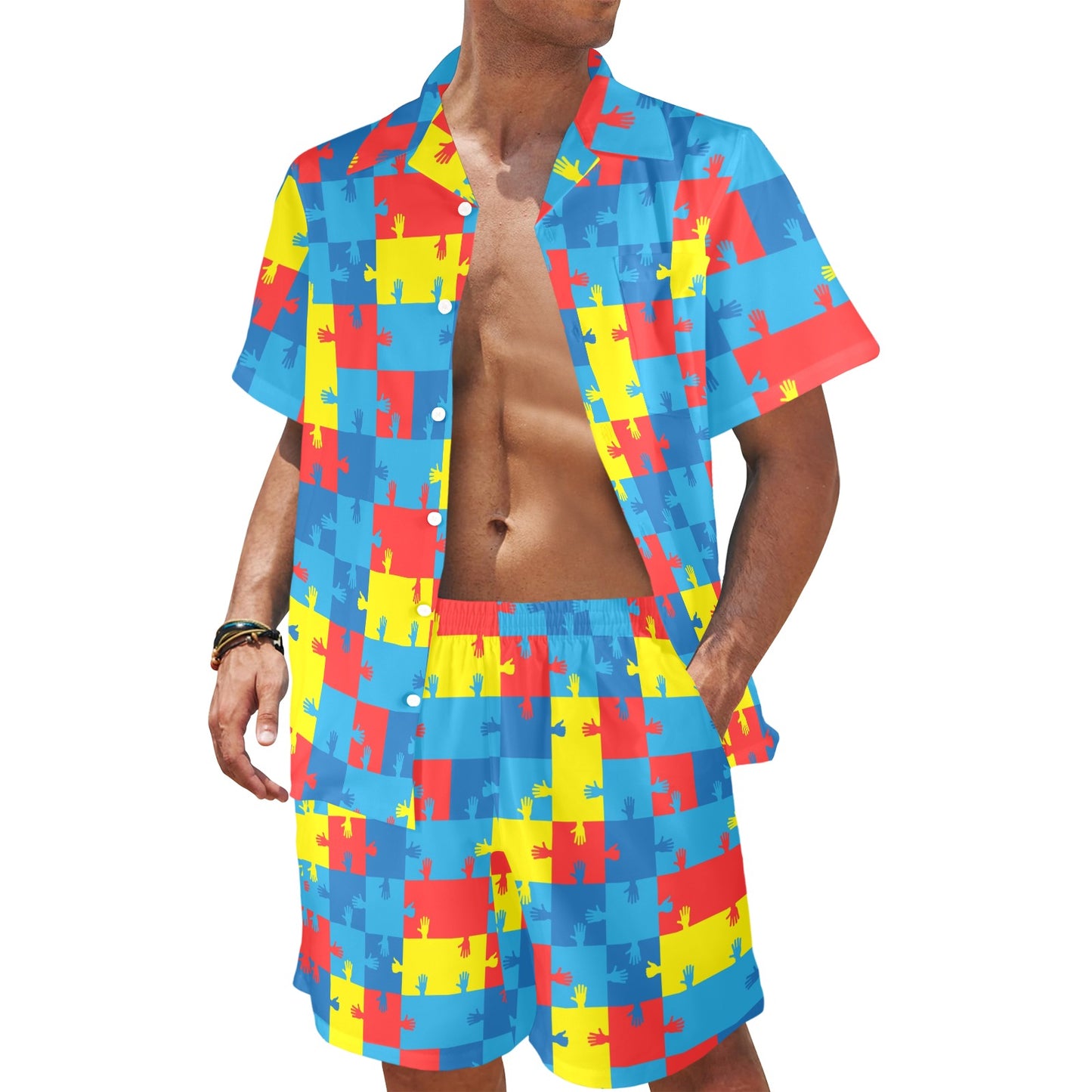 Autism Awareness Design Themed Print Men's Beach Shirt and Shorts Set