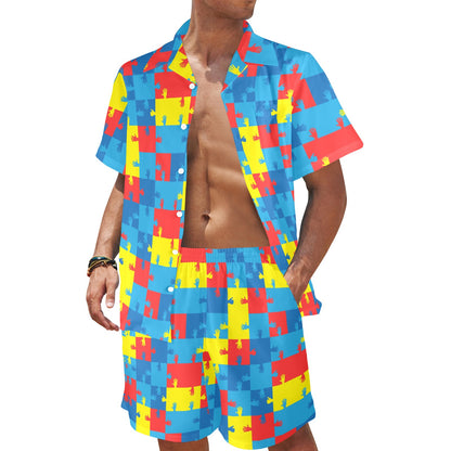 Autism Awareness Design Themed Print Men's Beach Shirt and Shorts Set