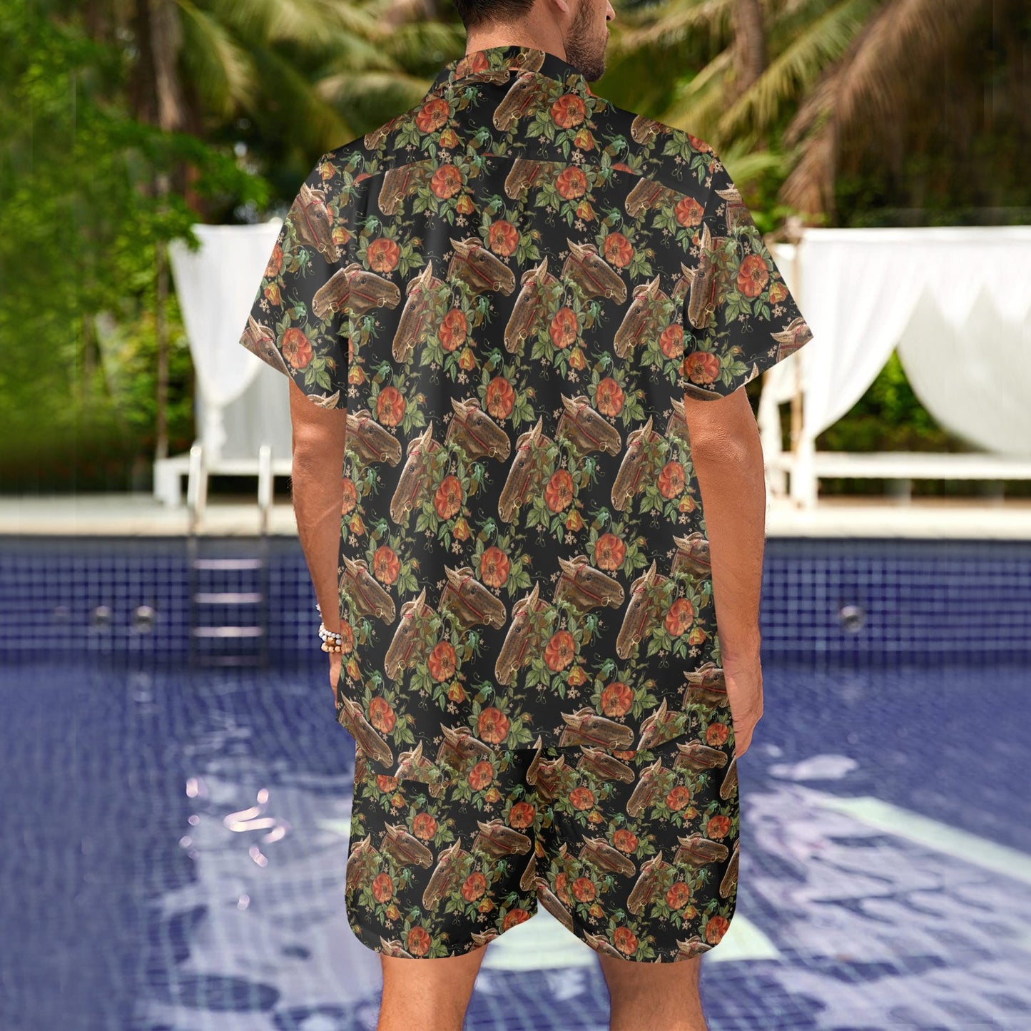 Horse Embroidery with Flower Design Men's Beach Shirt and Shorts Set