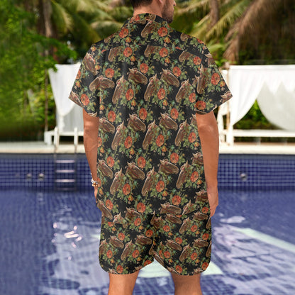 Horse Embroidery with Flower Design Men's Beach Shirt and Shorts Set