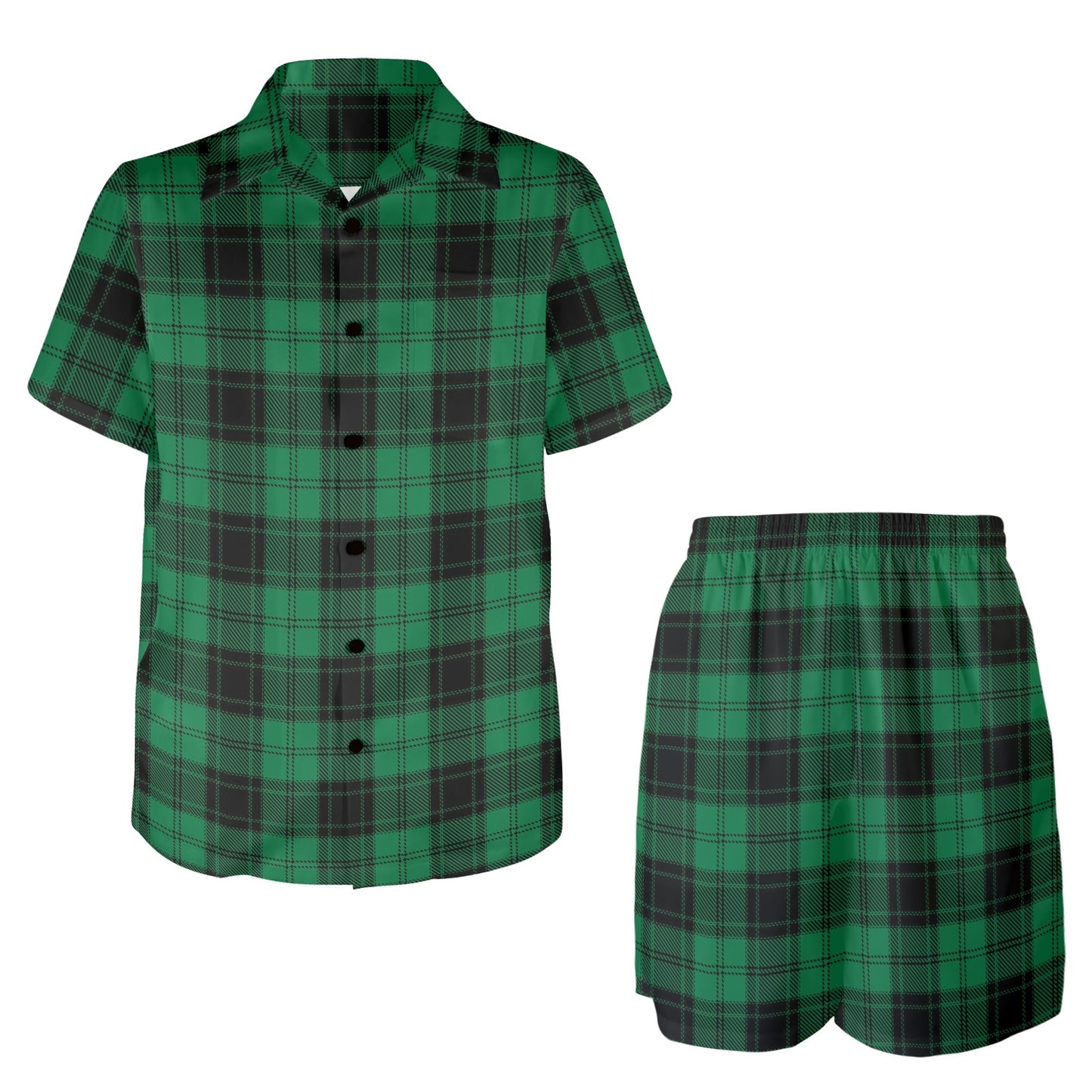Tartan Green Print Design LKS302 Men's Beach Shirt and Shorts Set