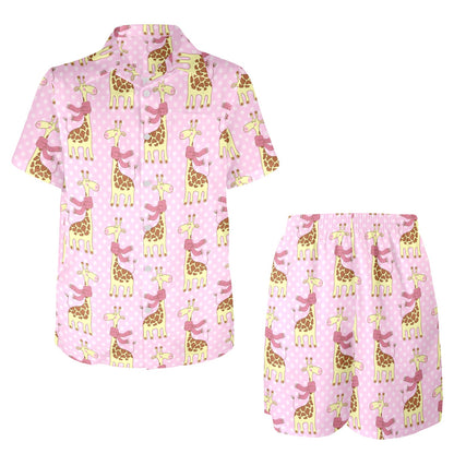Giraffe Cute Pink Polka Dot Print Men's Beach Shirt and Shorts Set