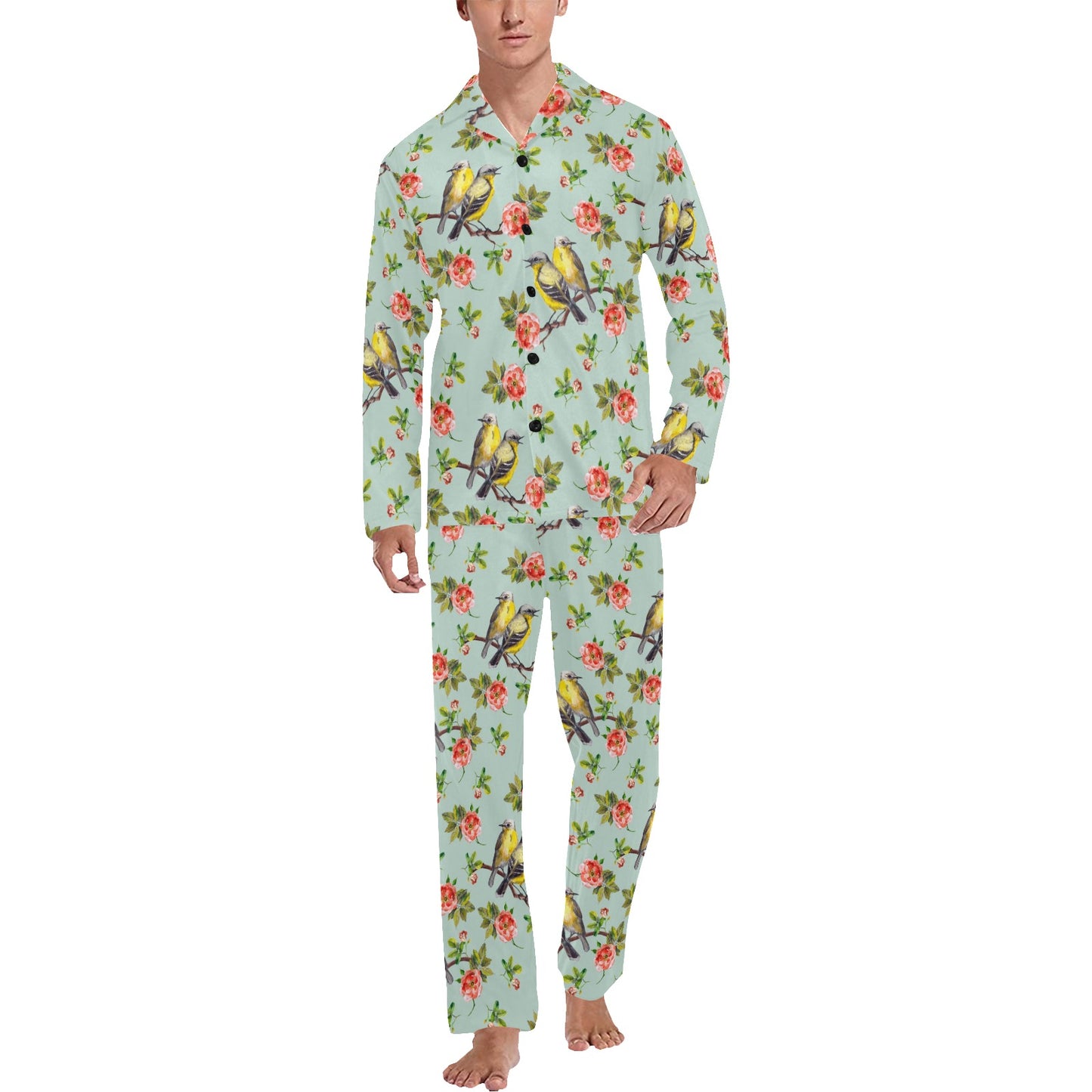 Bird with Red Flower Print Pattern Men's Long Pajama Set
