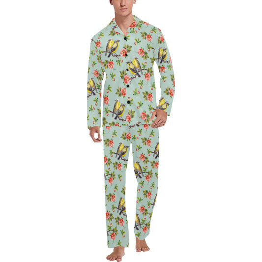 Bird with Red Flower Print Pattern Men's Long Pajama Set