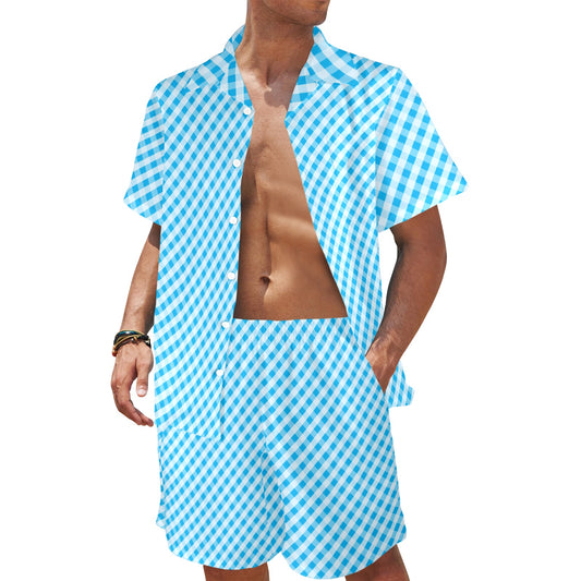 Gingham Print Design LKS401 Men's Beach Shirt and Shorts Set