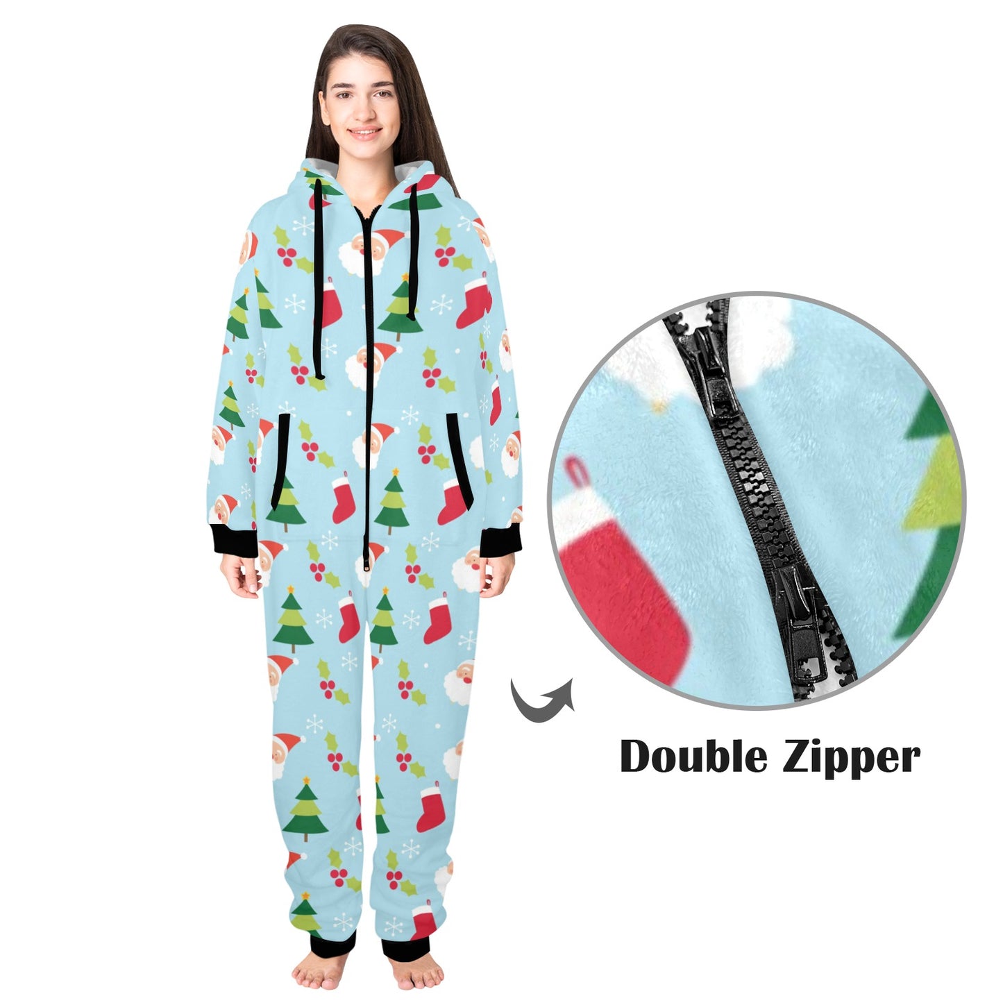 Santa Themed Print Design LKS301 Hooded Fleece Onesie Pajama Jumpsuit