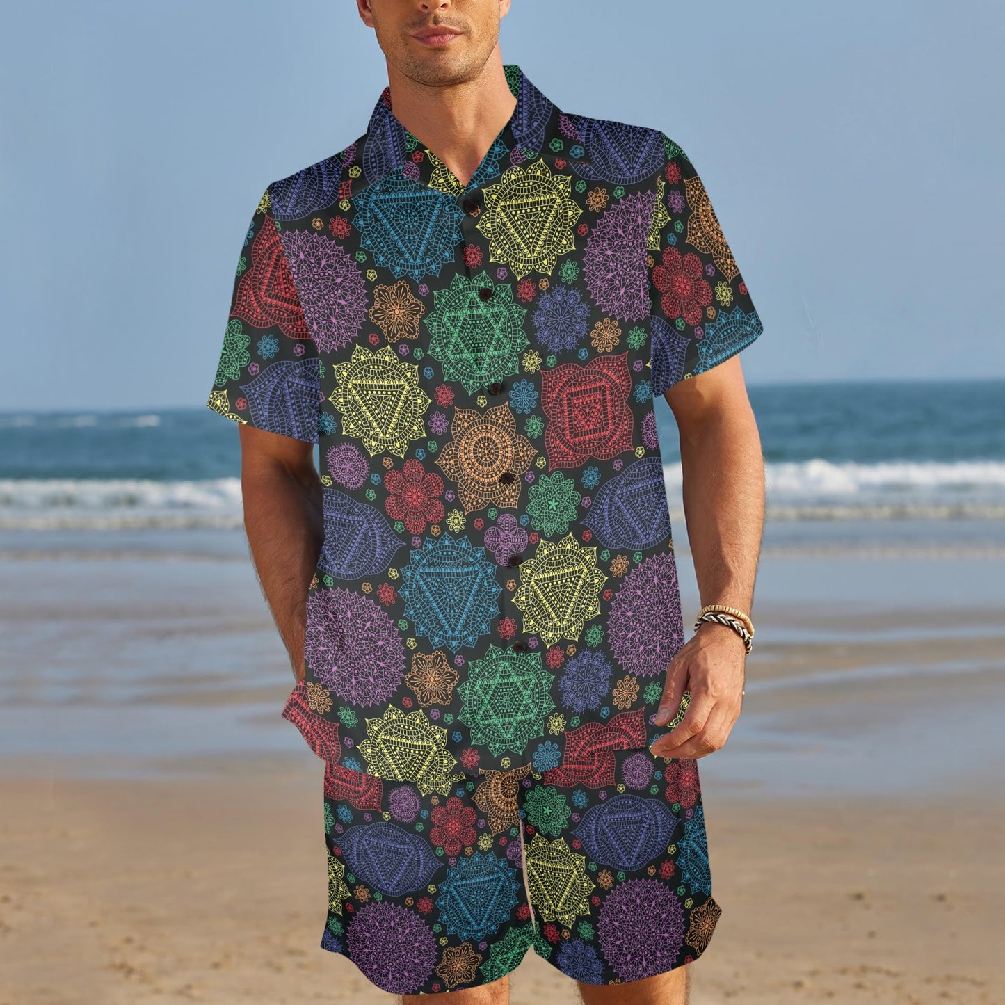 Chakra Mandala Print Pattern Men's Beach Shirt and Shorts Set