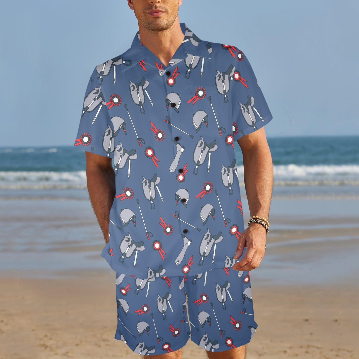 Equestrian Equipment Background Men's Beach Shirt and Shorts Set