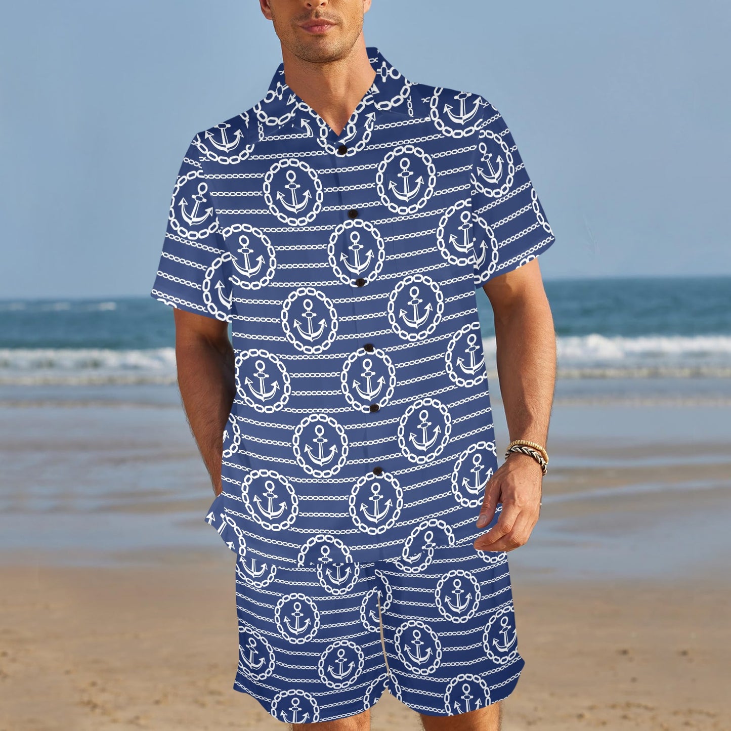 Anchor Stripe Pattern Men's Beach Shirt and Shorts Set