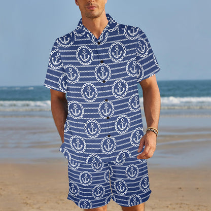 Anchor Stripe Pattern Men's Beach Shirt and Shorts Set