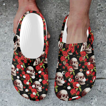 Red Rose Skull Design Print Unisex Clogs Shoes