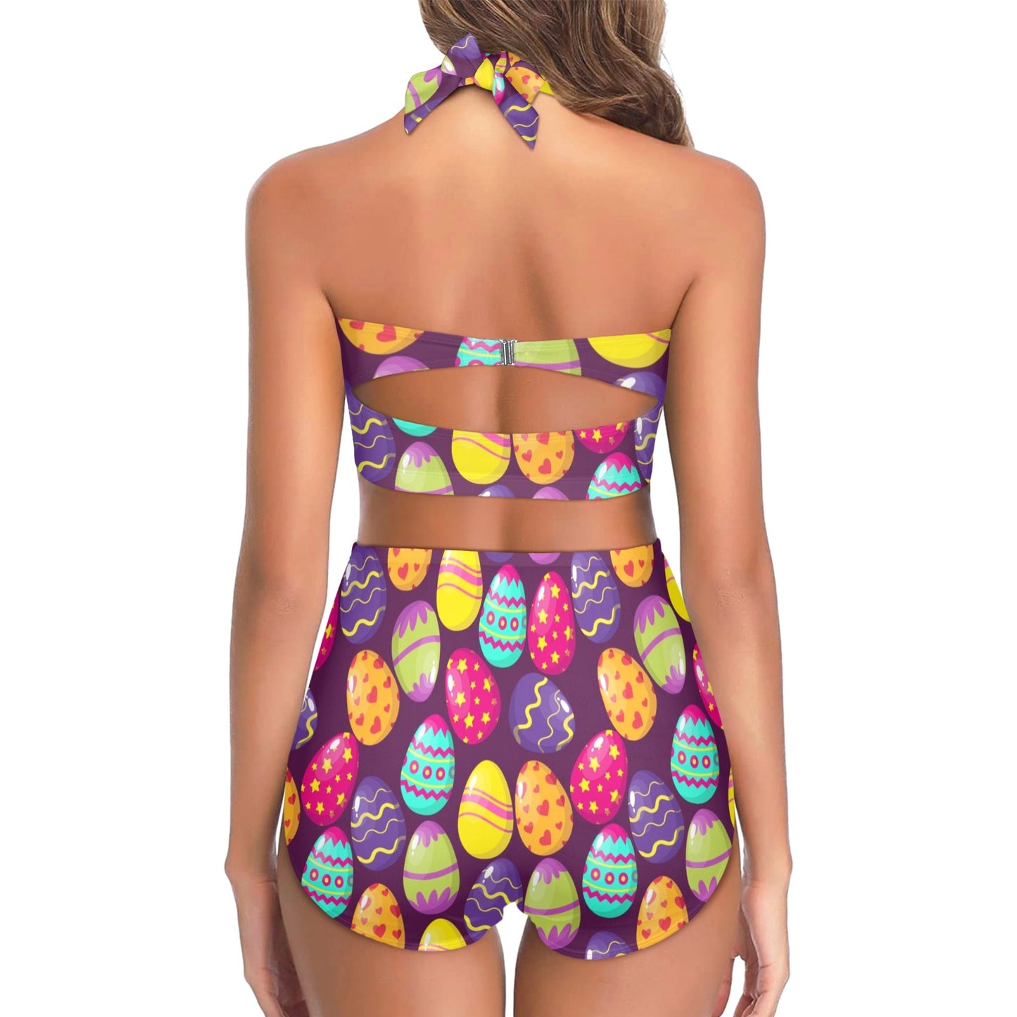 Easter Eggs Pattern Print Design RB04 Halter Neck Bikini Swimsuit