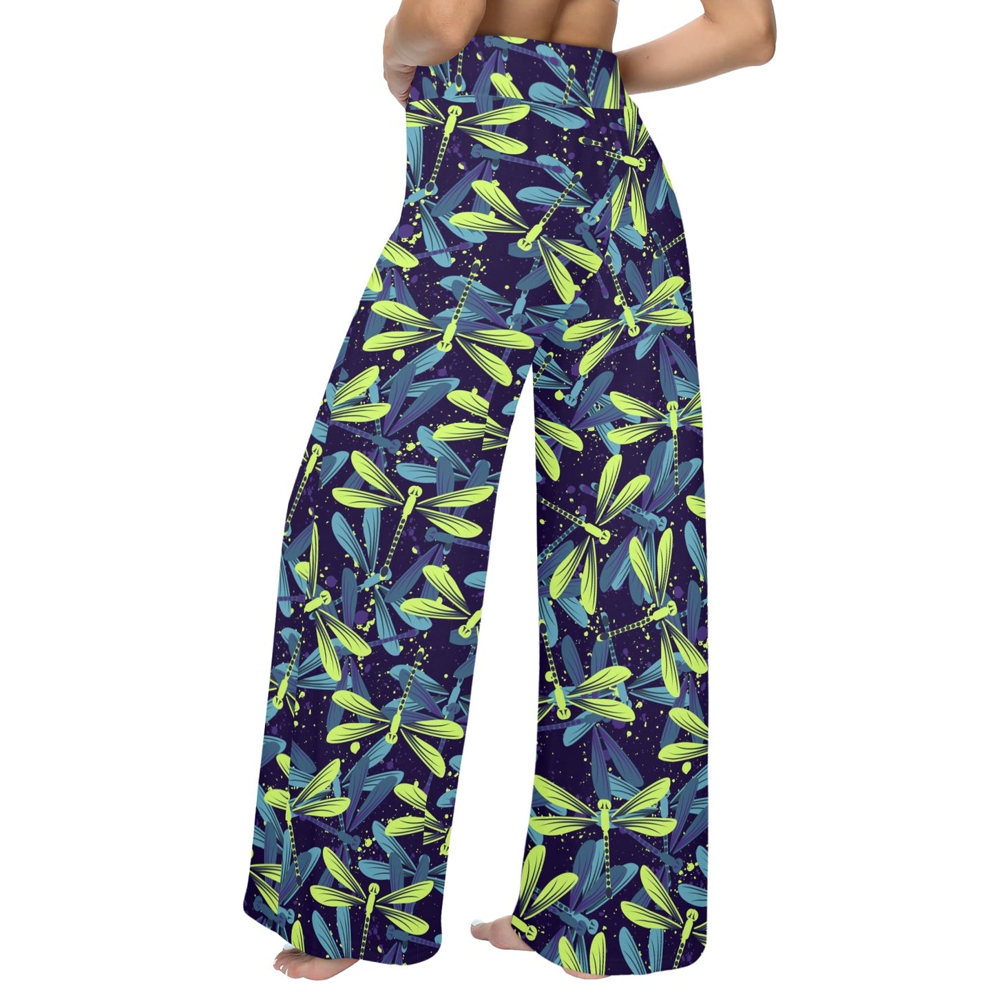 Dragonfly Lime Blue Print Pattern Women's Wide Leg Lounge Pants