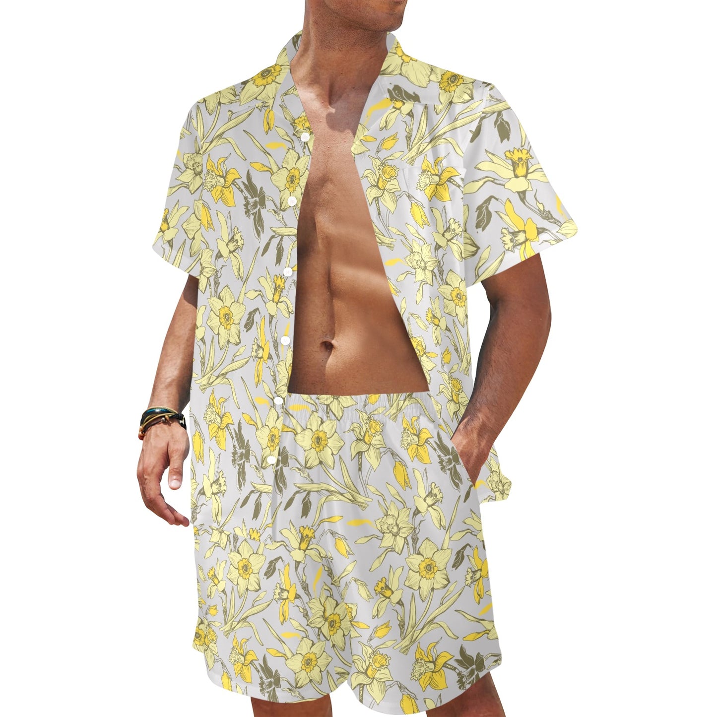 Daffodils Pattern Print Design DF05 Men's Beach Shirt and Shorts Set
