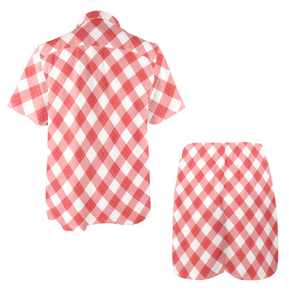 Gingham Red Pattern Print Design 01 Men's Beach Shirt and Shorts Set