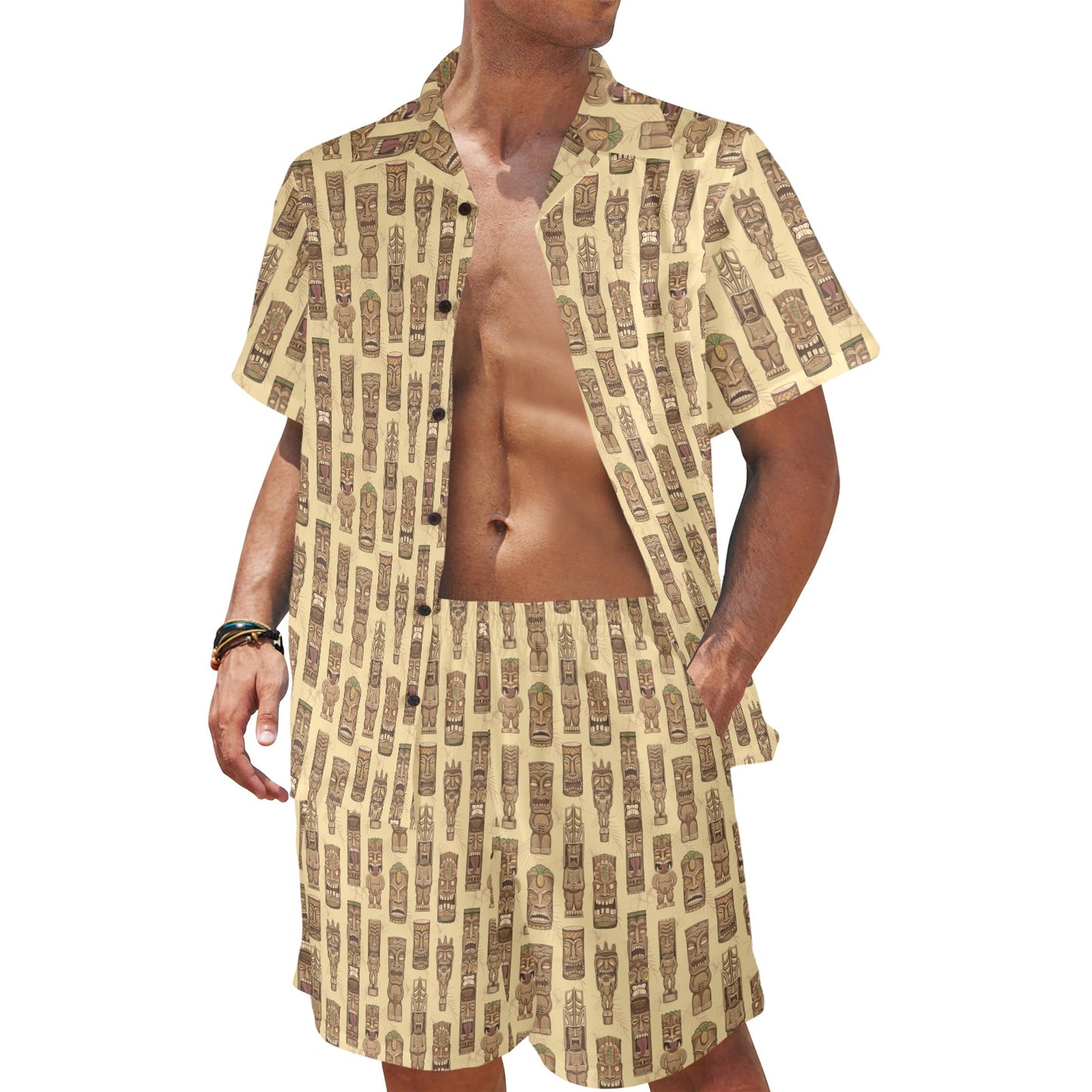 Totem Tiki Style Themed Design Men's Beach Shirt and Shorts Set