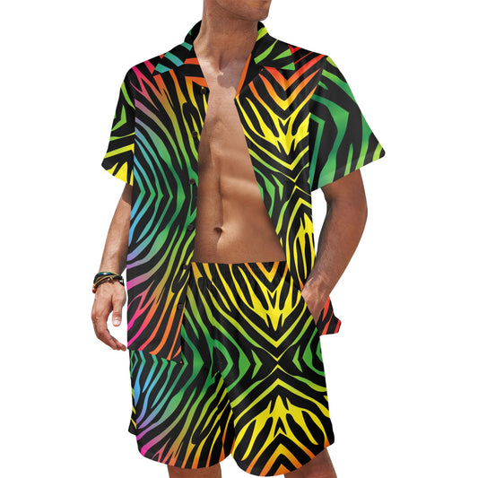 Rainbow Zebra Themed Print Men's Beach Shirt and Shorts Set
