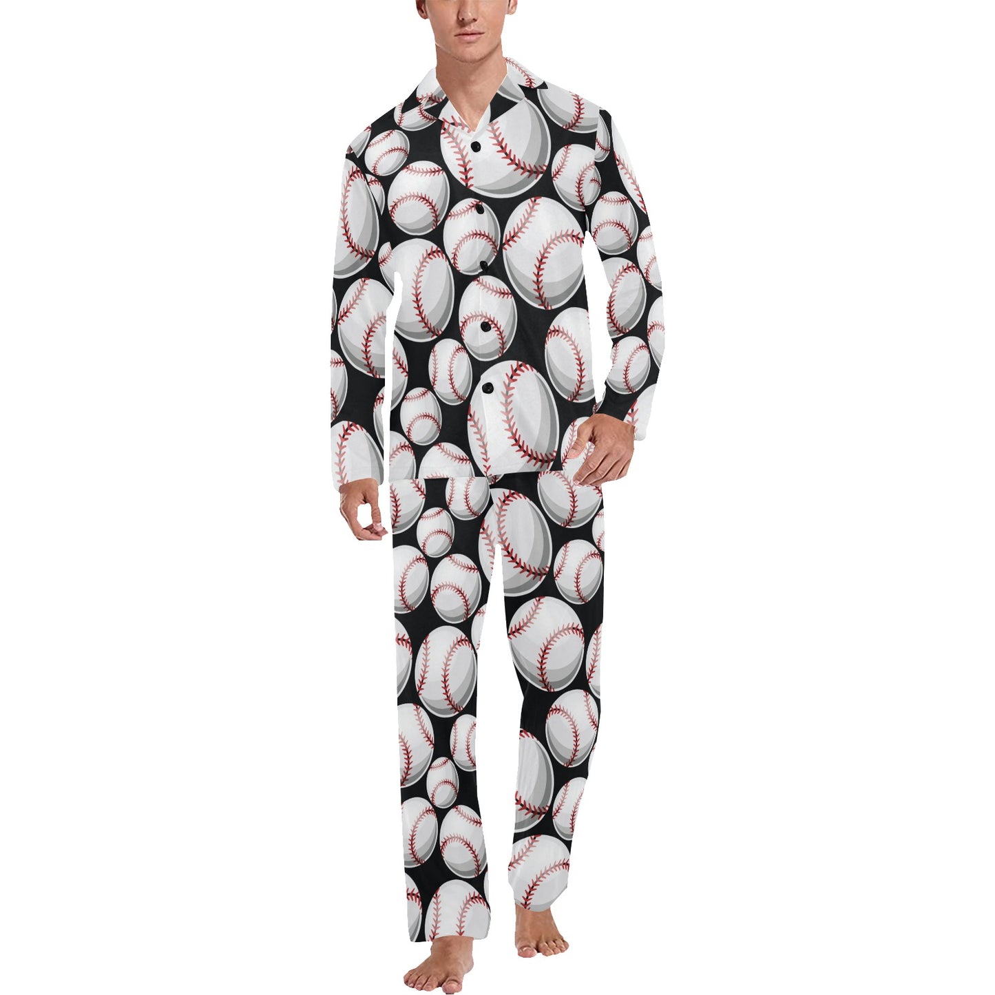 Baseball Black Background Men's Long Pajama Set