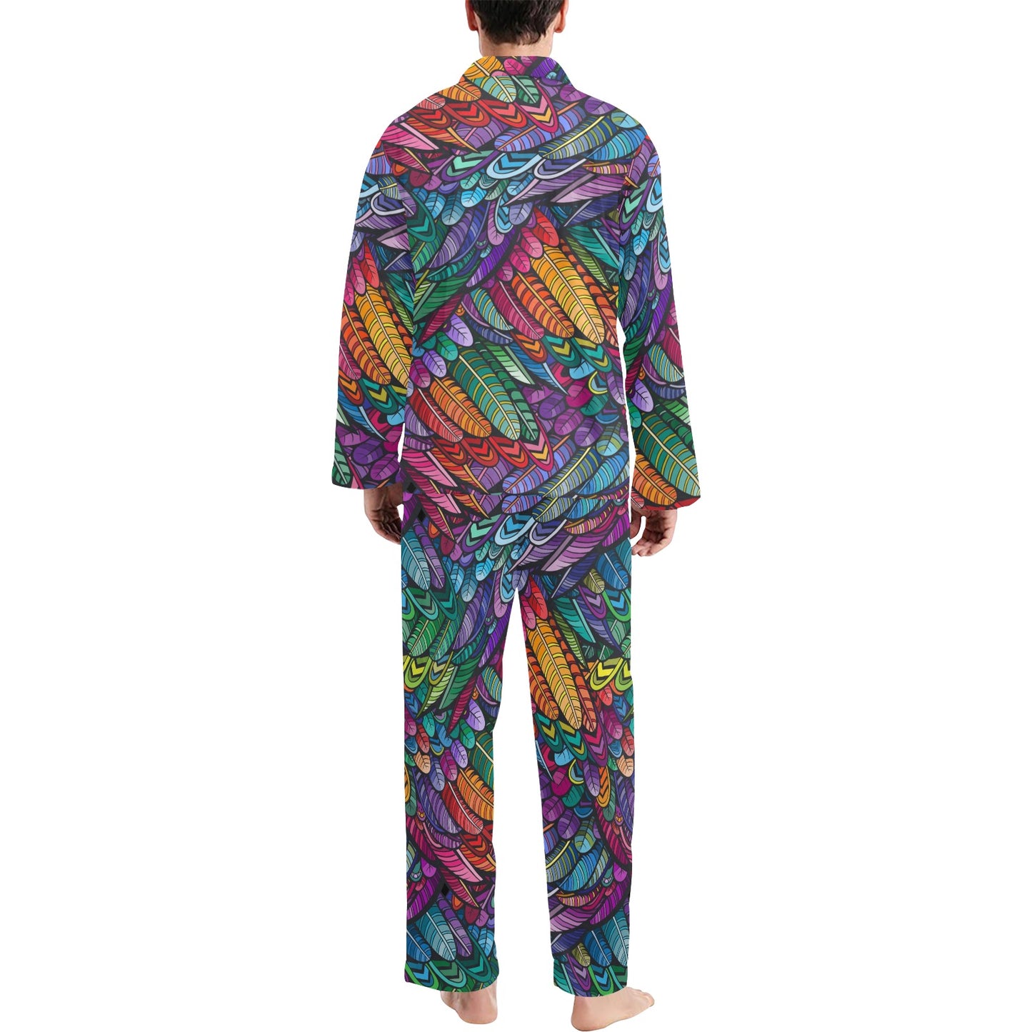 Feather Multicolor Design Print Men's Long Pajama Set
