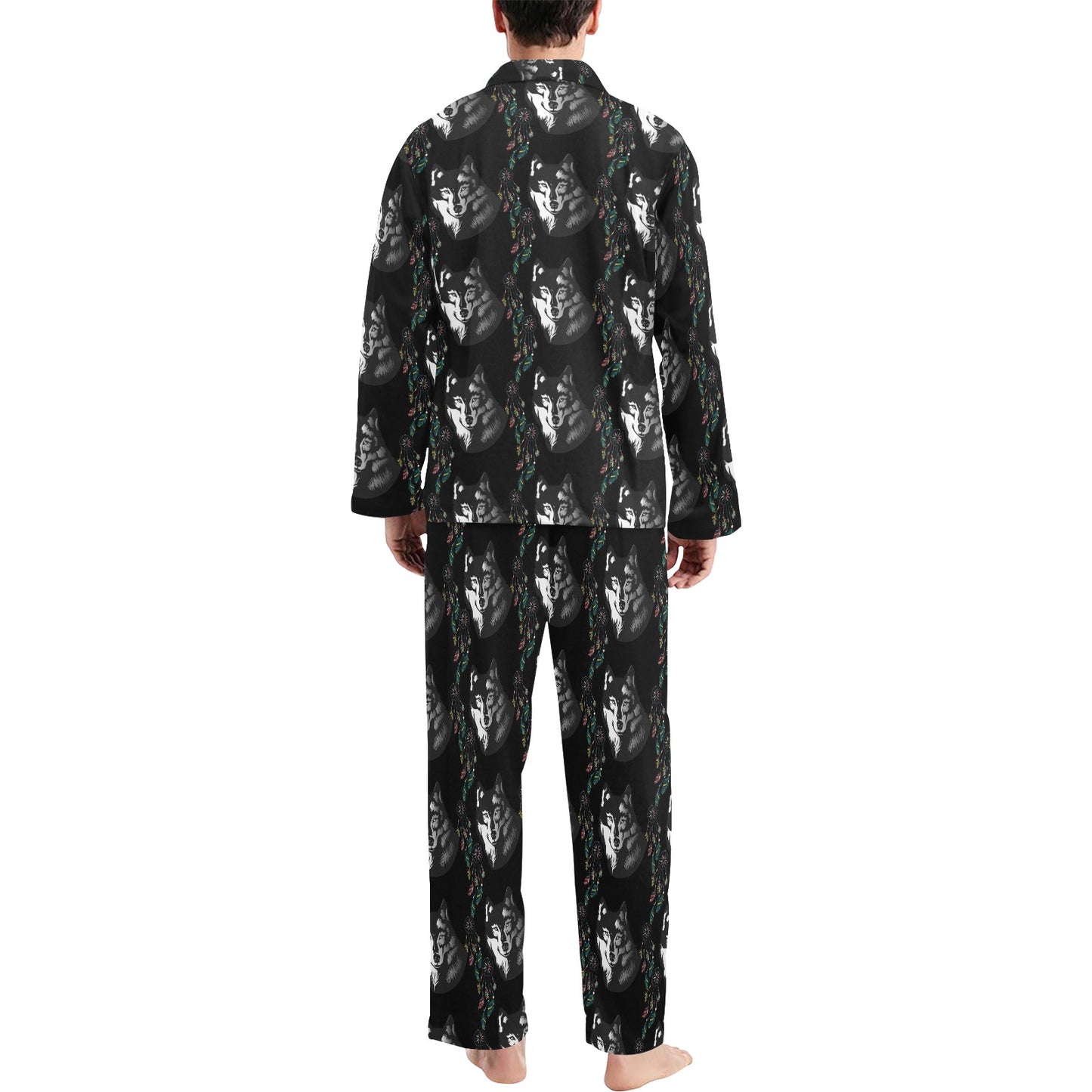 Wolf Black Dream Catcher Design Print Men's Long Pajama Set