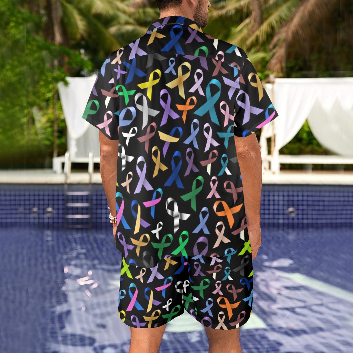 Breast Cancer Awareness Colorful Print Men's Beach Shirt and Shorts Set