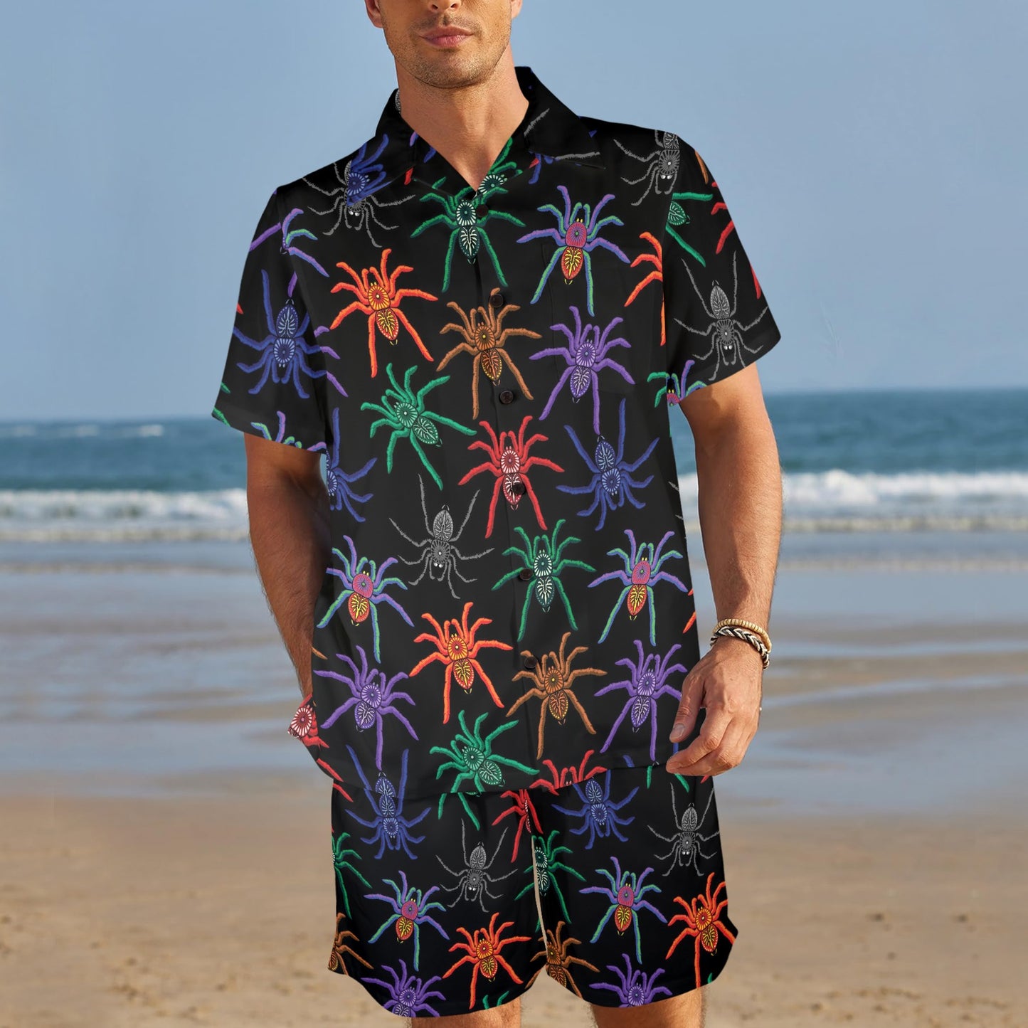 Tarantula Neon Color Pattern Print Design 03 Men's Beach Shirt and Shorts Set