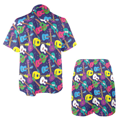 Ukulele Pattern Print Design 02 Men's Beach Shirt and Shorts Set