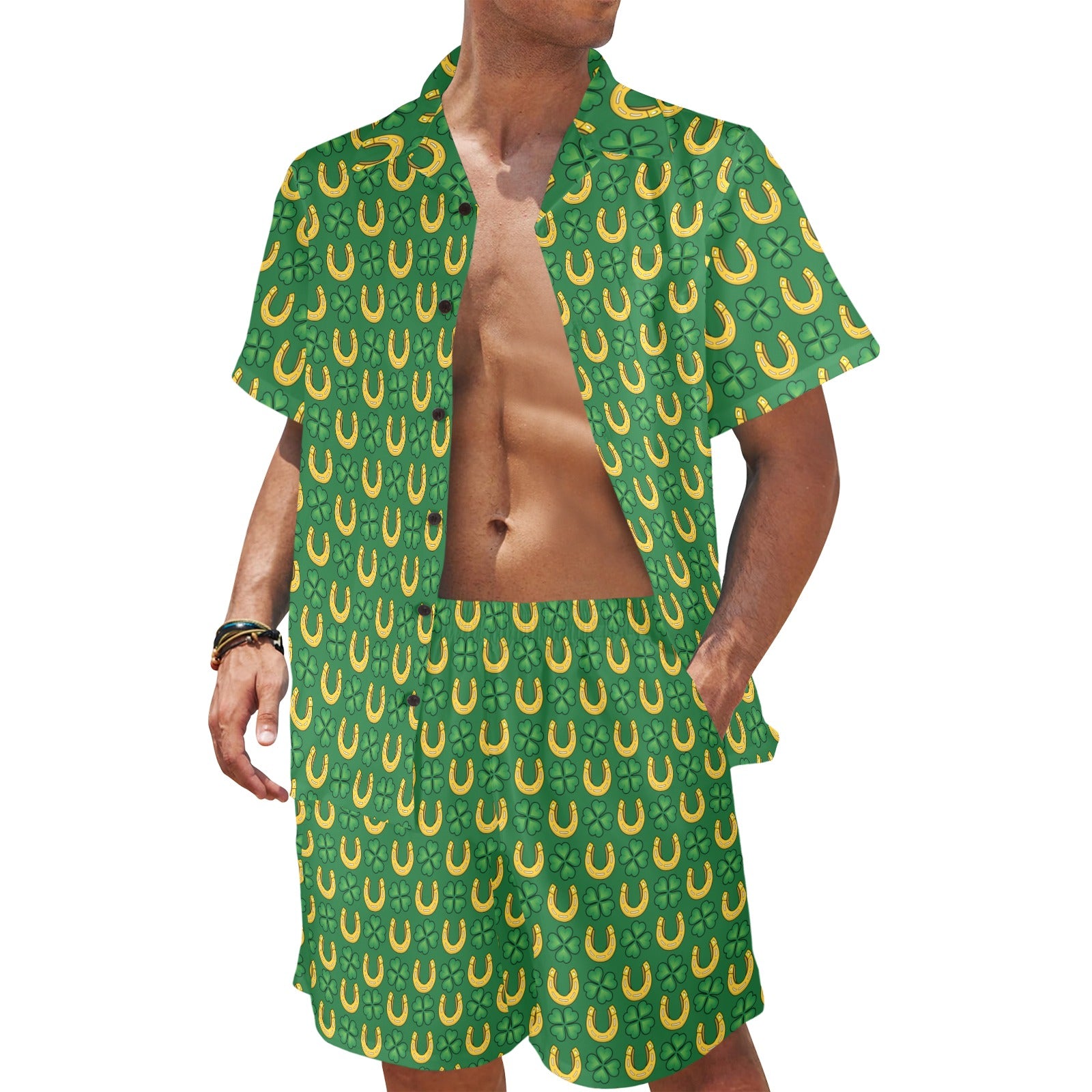 Shamrock Horseshoes Print Pattern Men's Beach Shirt and Shorts Set