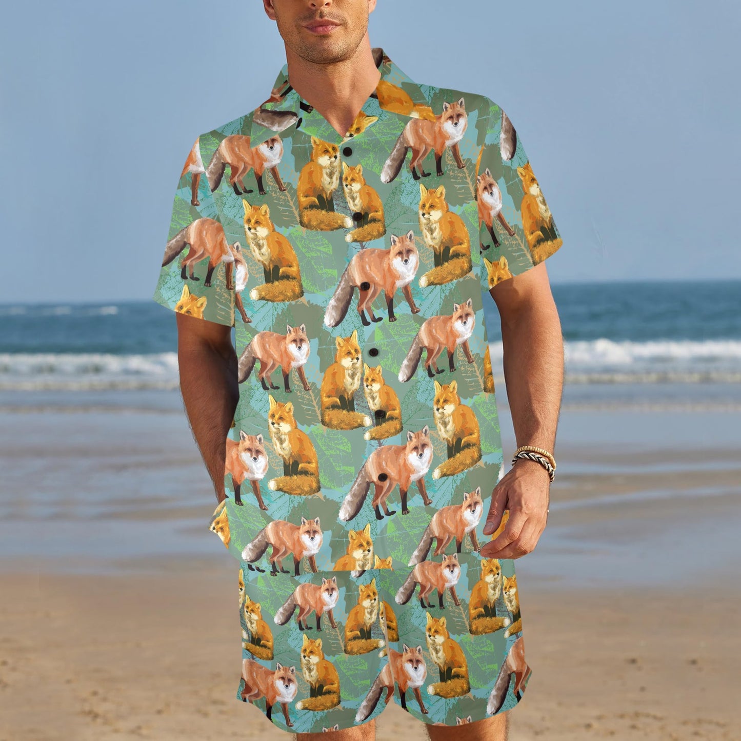Fox Autumn leaves Themed Men's Beach Shirt and Shorts Set