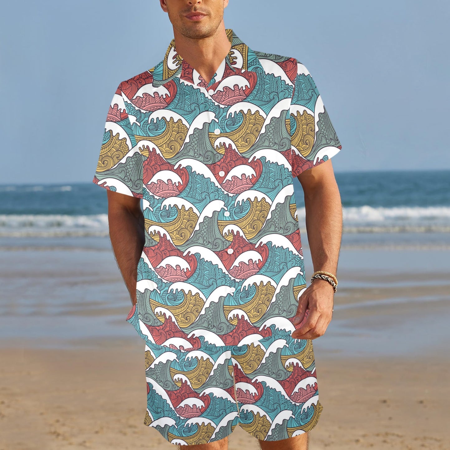Tribal Wave Pattern Print Men's Beach Shirt and Shorts Set