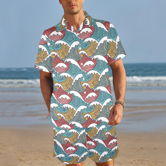Tribal Wave Pattern Print Men's Beach Shirt and Shorts Set