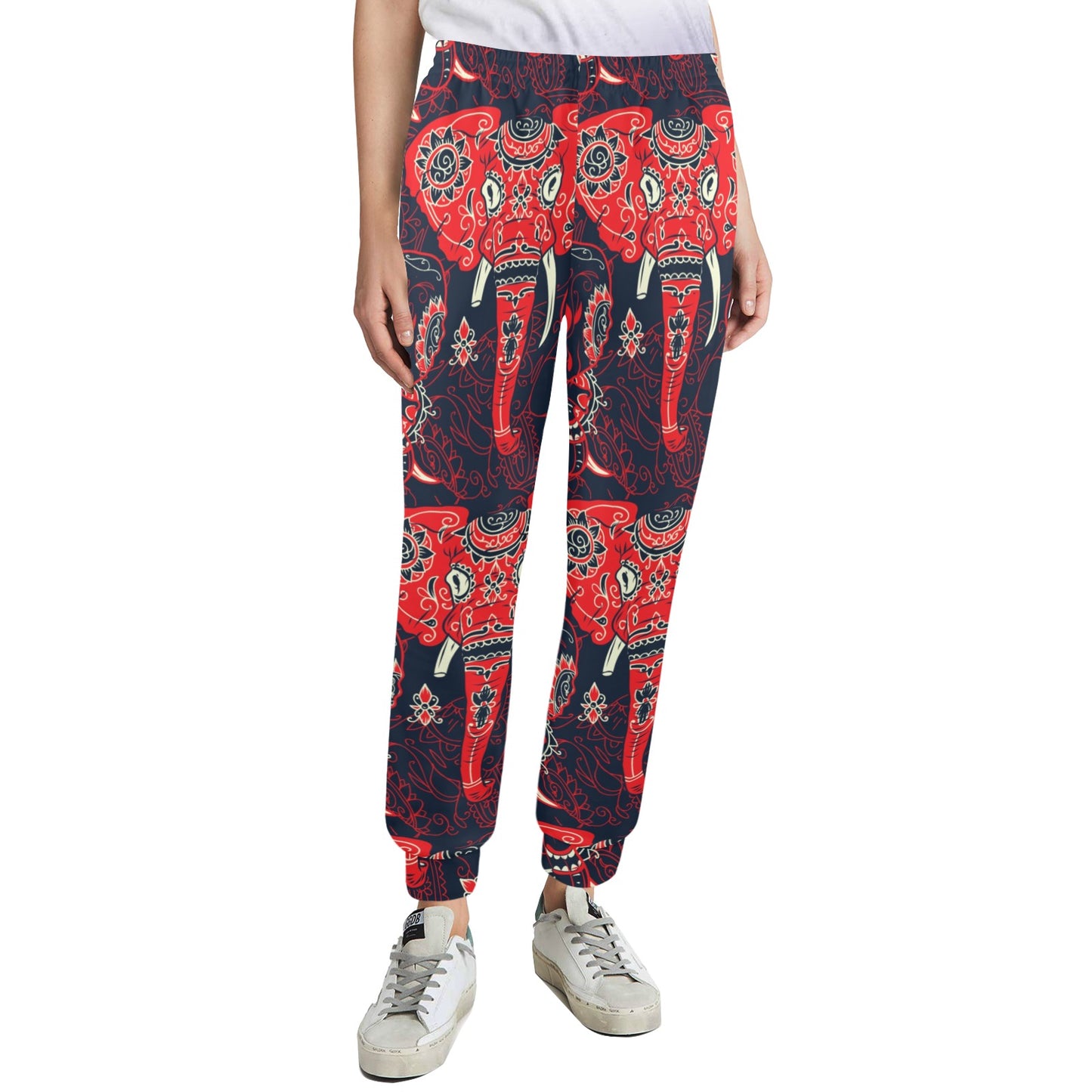Red Indian Elephant Pattern Women's Casual Track Pants
