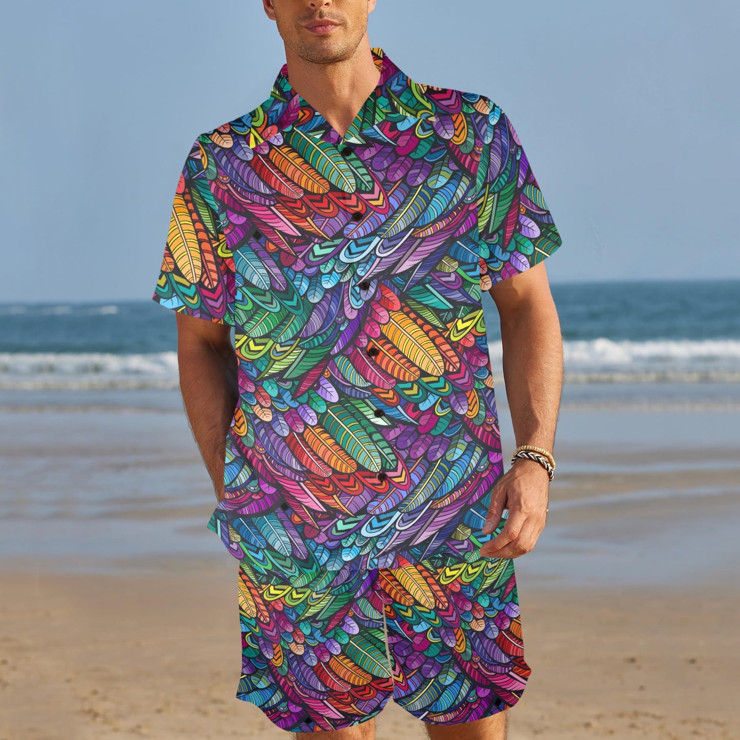Feather Multicolor Design Print Men's Beach Shirt and Shorts Set