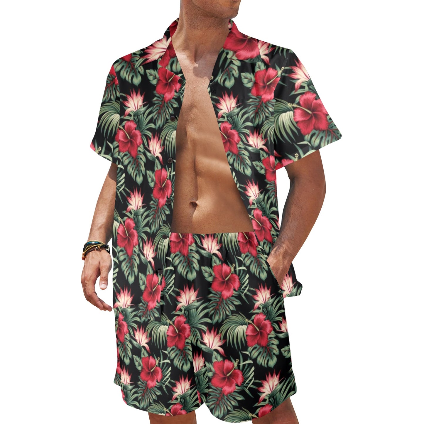 Flower Hawaiian Red Hibiscus Design Print Men's Beach Shirt and Shorts Set