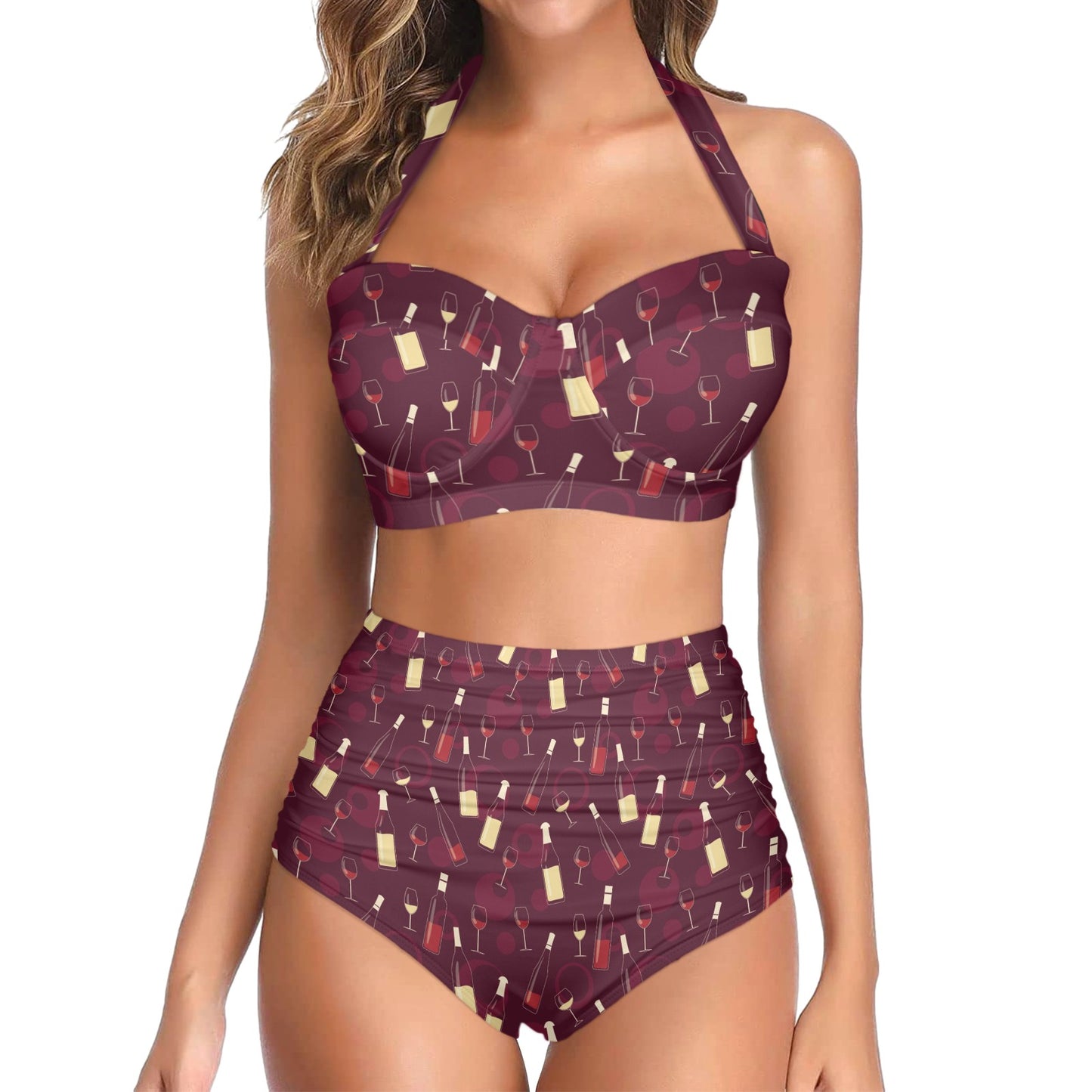 Wine Themed Pattern Print Halter Neck Bikini Swimsuit