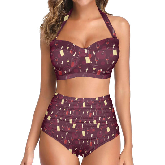 Wine Themed Pattern Print Halter Neck Bikini Swimsuit