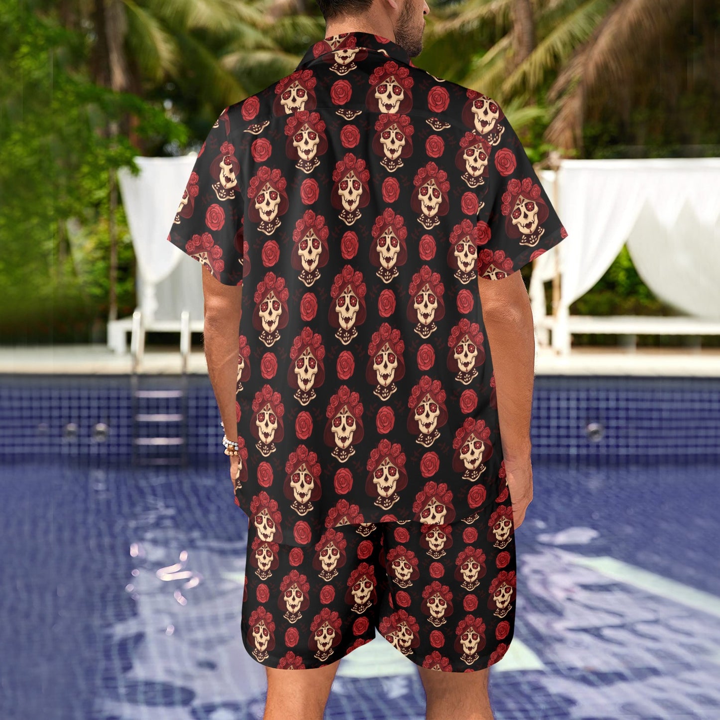 Day of the Dead Skull Girl Pattern Men's Beach Shirt and Shorts Set