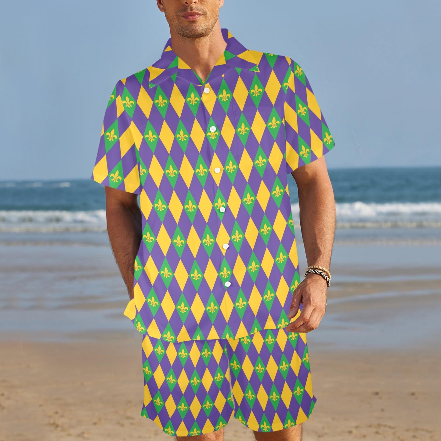 Mardi Gras Pattern Print Design 05 Men's Beach Shirt and Shorts Set