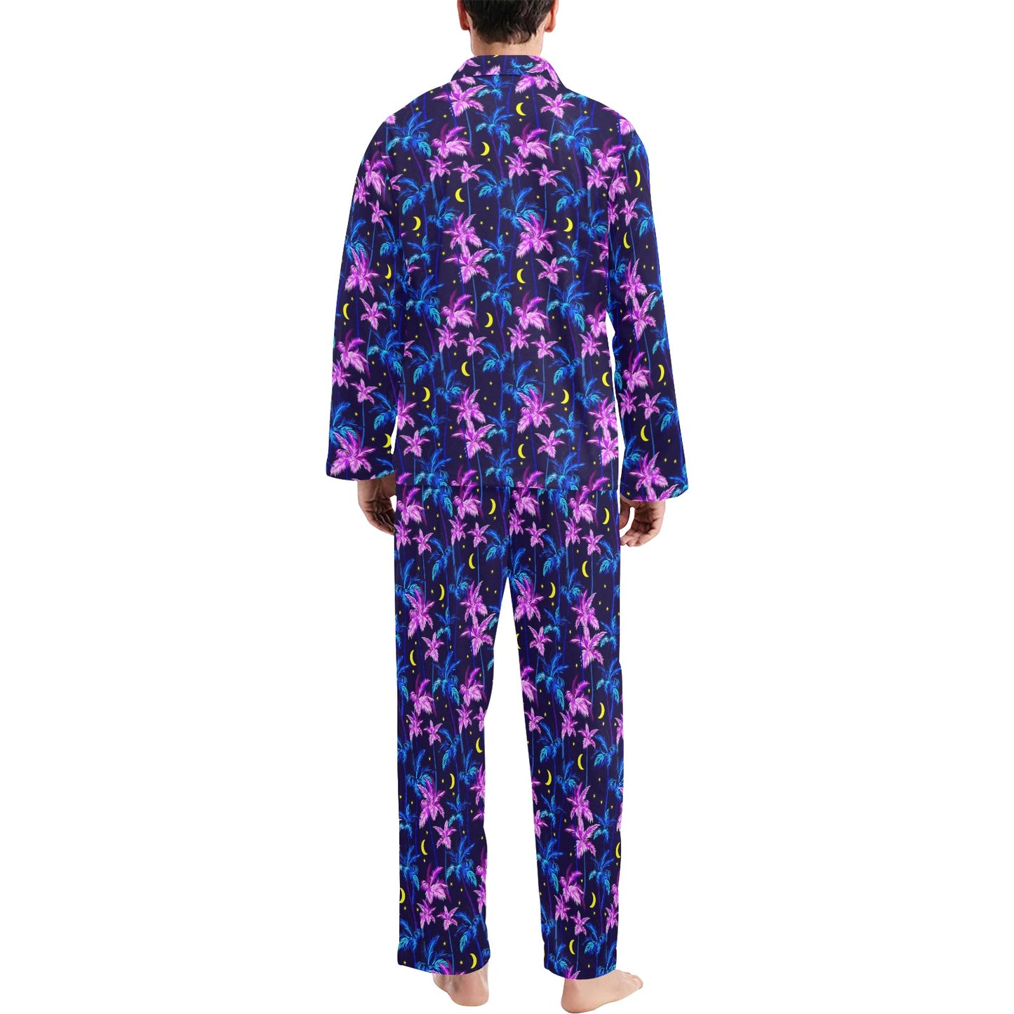 Palm Tree Night Scene Design Print Men's Long Pajama Set