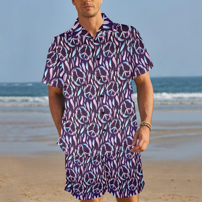 Peace Sign Feather Design Print Men's Beach Shirt and Shorts Set